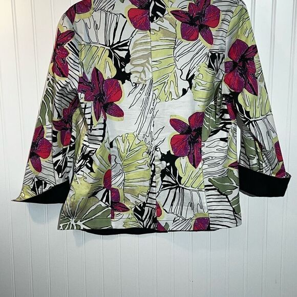 ZOZO Button Up Tropical Floral Top Women’s Large Black/White Multicolor Cuffed - Picture 10 of 10